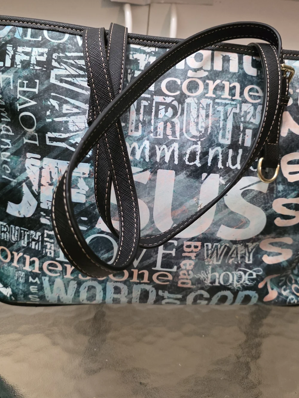 Women’s leather Graphic Text Tote Bag in Teal and Black